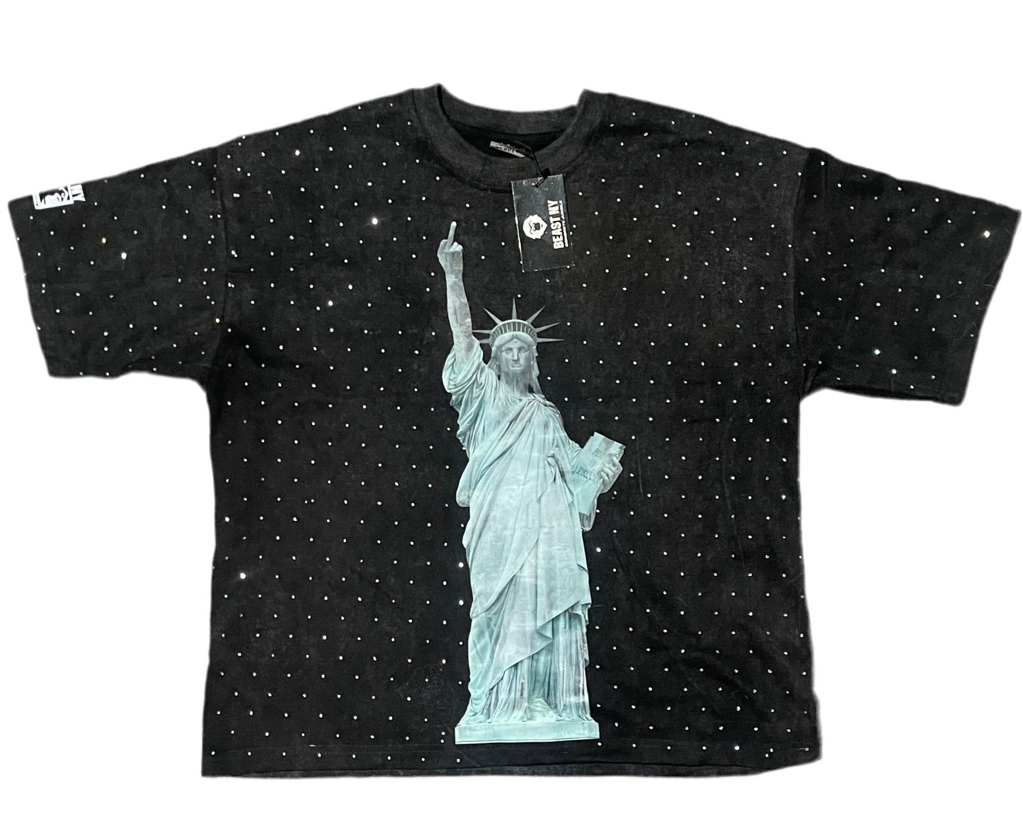 Beast NY Statue of Liberty "Middle Finger" Rhinestone Acid Wash Distress T-Shirt