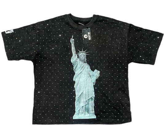 Beast NY Statue of Liberty "Middle Finger" Rhinestone Acid Wash Distress T-Shirt