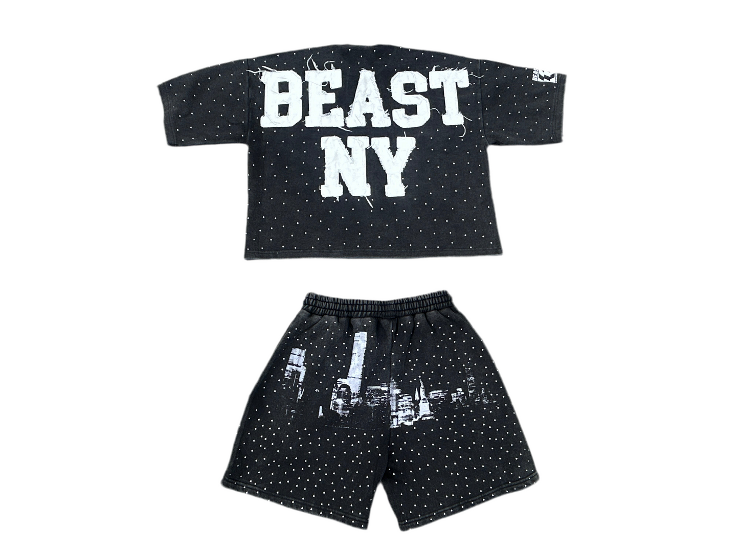Beast NY Statue of Liberty "Middle Finger" Rhinestone Acid Wash Distress Summer Set