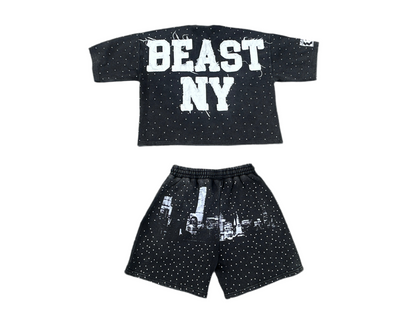 Beast NY Statue of Liberty "Middle Finger" Rhinestone Acid Wash Distress Summer Set
