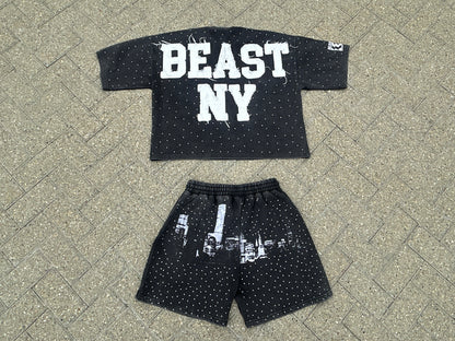 Beast NY Statue of Liberty "Middle Finger" Rhinestone Acid Wash Distress Summer Set
