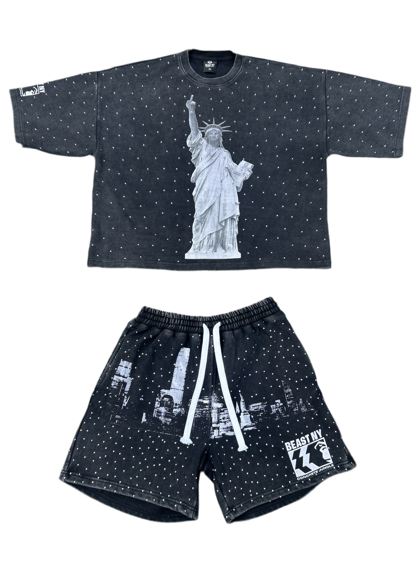 Beast NY Statue of Liberty "Middle Finger" Rhinestone Acid Wash Distress Summer Set